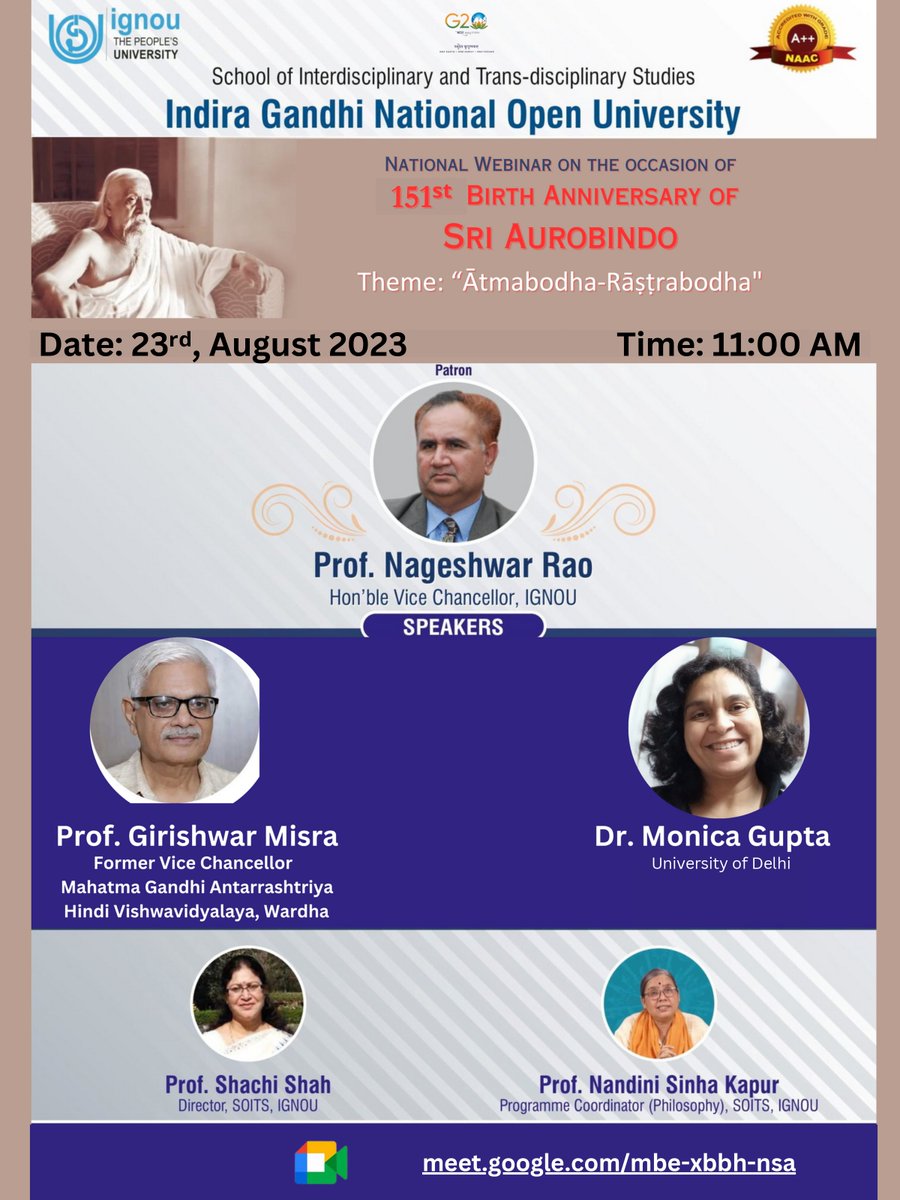 SOITS is organising National webinar on ‘Atmabodha-Rashtrabodha' on August 23ʳᵈ, 2023 from 11:00 AM onwards. Join the webinar with the link: meet.google.com/mbe-xbbh-nsa
Presedential address by Prof. Nageshwar Rao, Hon'ble Vice Chancellor, IGNOU. <a href="/DrShachiShah/">Prof. Shachi Shah</a>