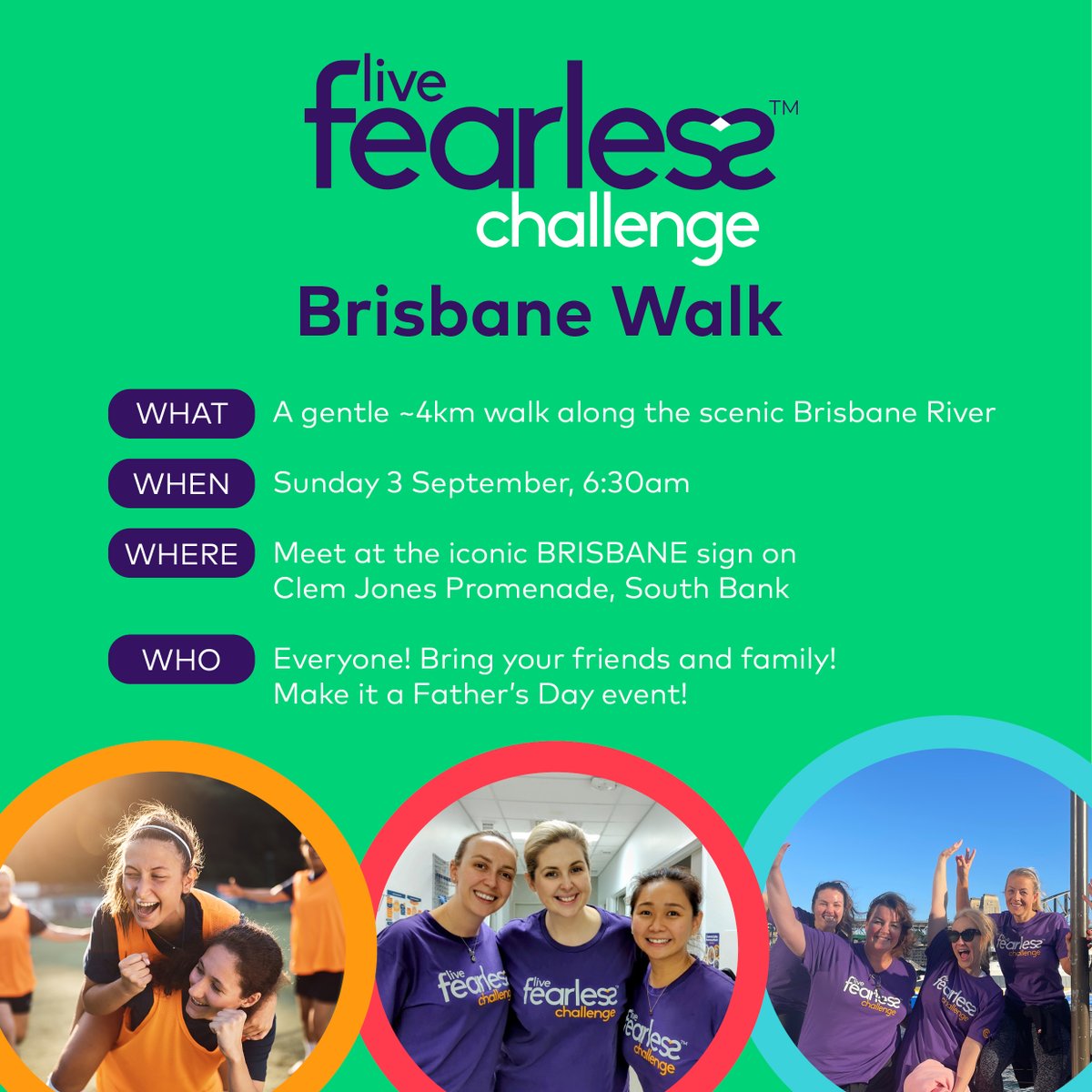 👋 Brisbane 👋 Don't miss our special walk along the scenic Brisbane River to kick-off this year’s #LiveFearlessChallenge. Bring your friends and family with you on Sunday 3 September for a 6:30am start. Find out more: livefearlesschallenge.com.au/blog/live-fear…