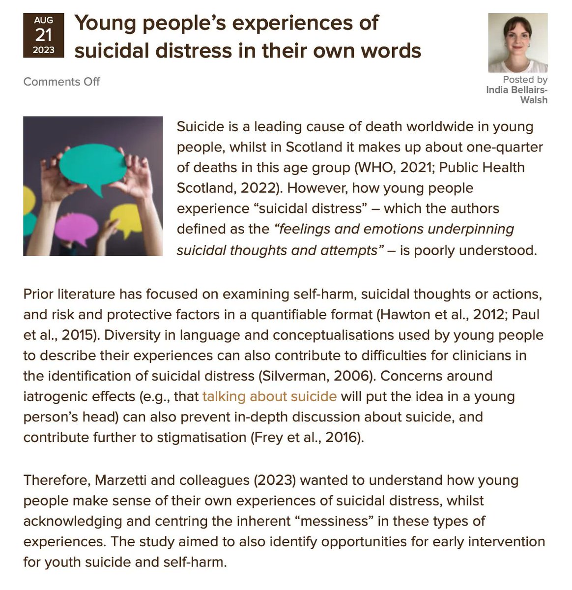 Mental_Elf's tweet photo. Today @IndiaC_BW summarises a study of young people’s lived experiences of suicide &amp; self-harm, by @HazelMarzetti, @mcd_li &amp; @SuicideResearch which explores intention, rationality and authenticity, and has many implications for practice https://t.co/QwNIUtUCZZ https://t.co/adni3SKcEm