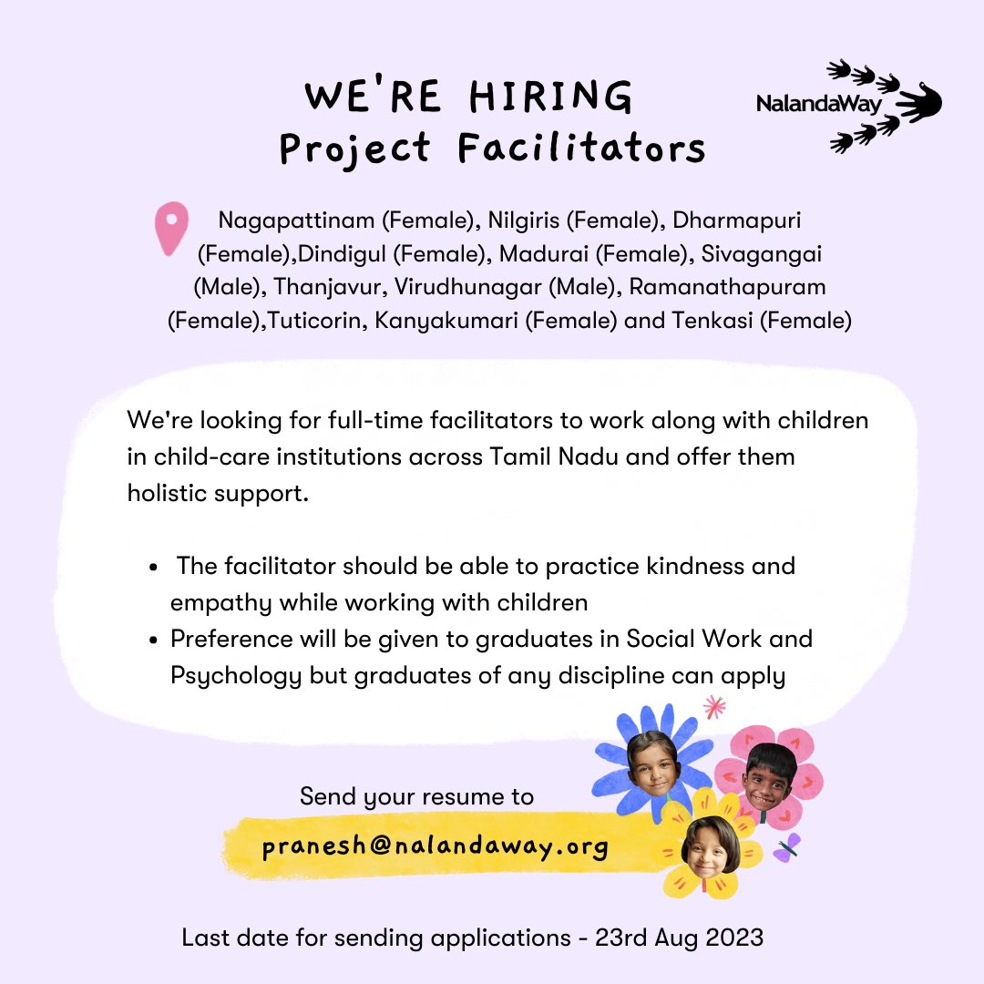 Nalandaway's tweet photo. We’re hiring facilitators across Tamil Nadu for one of our projects which involves working with children in government-run childcare institutions (CCIs). 

To apply, please email your resume to pranesh@nalandaway.org https://t.co/Kel9mgJvPy