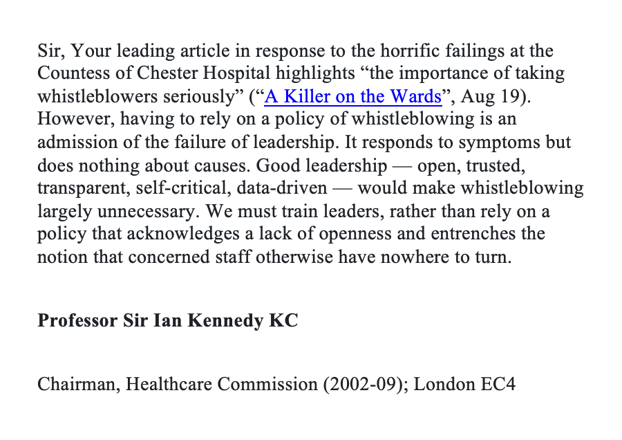 alexander_minh's tweet photo. Hi @AmandaPritchard 

Ref Letby, I think Ian Kennedy is making the point that we don't need more focus on whistleblowing policies as you suggest (they've been reviewed), but on better quality of NHS managers

His letter to the Times:

#OurNHSPeople #HouseOfCommons #HouseOfLords https://t.co/HEsJYy8gf9