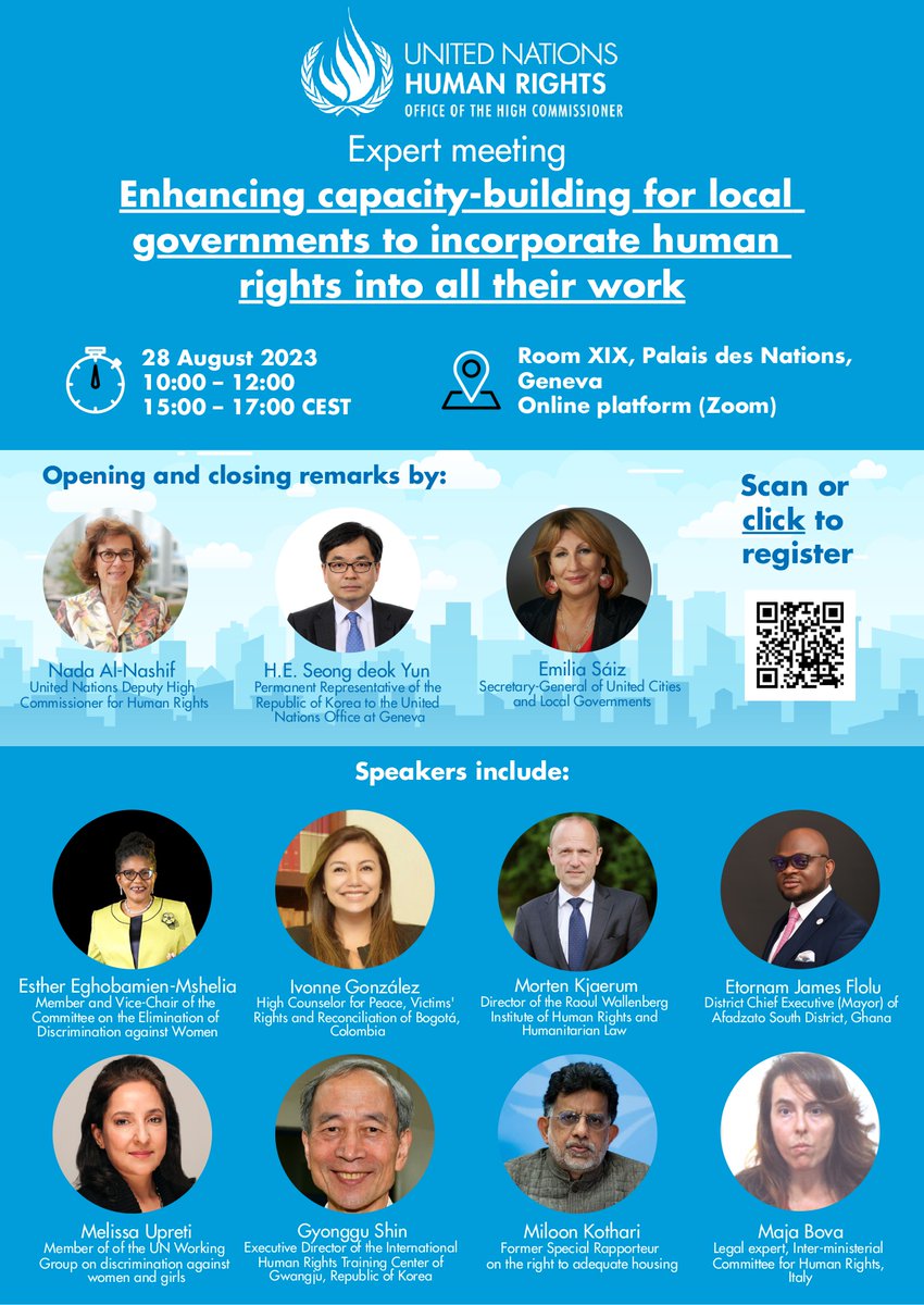 WHRCF 세계인권도시포럼 (@gwangjuwhrcf) on Twitter photo 👏 We are Inviting you to Expert Meeting held by the Office of the United Nations High Commissioner for Human Rights <a href="/UNHumanRights/">UN Human Rights</a> 👏
🗓 August 28, 2023 (Mon.)
🕙 10:00-12:00
15:00-17:00 (CEST)
✅ Meeting: Hybrid
👉 Learn more : ohchr.org/en/events/meet… 👏 We are Inviting you to Expert Meeting held by the Office of the United Nations High Commissioner for Human Rights <a href="/UNHumanRights/">UN Human Rights</a> 👏
🗓 August 28, 2023 (Mon.)
🕙 10:00-12:00
15:00-17:00 (CEST)
✅ Meeting: Hybrid
👉 Learn more : ohchr.org/en/events/meet…