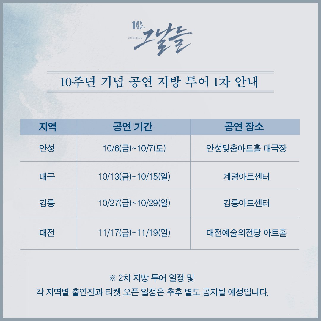 Insight_Since96's tweet photo. #뮤지컬 #그날들

📢뮤지컬 <그날들> 10주년 기념 공연 지방 투어 1차 안내

*2차 지방 투어 및 각 지역별 출연진과 티켓 오픈 일정은 추후 별도 공지될 예정입니다. https://t.co/cPTXAuW4qu