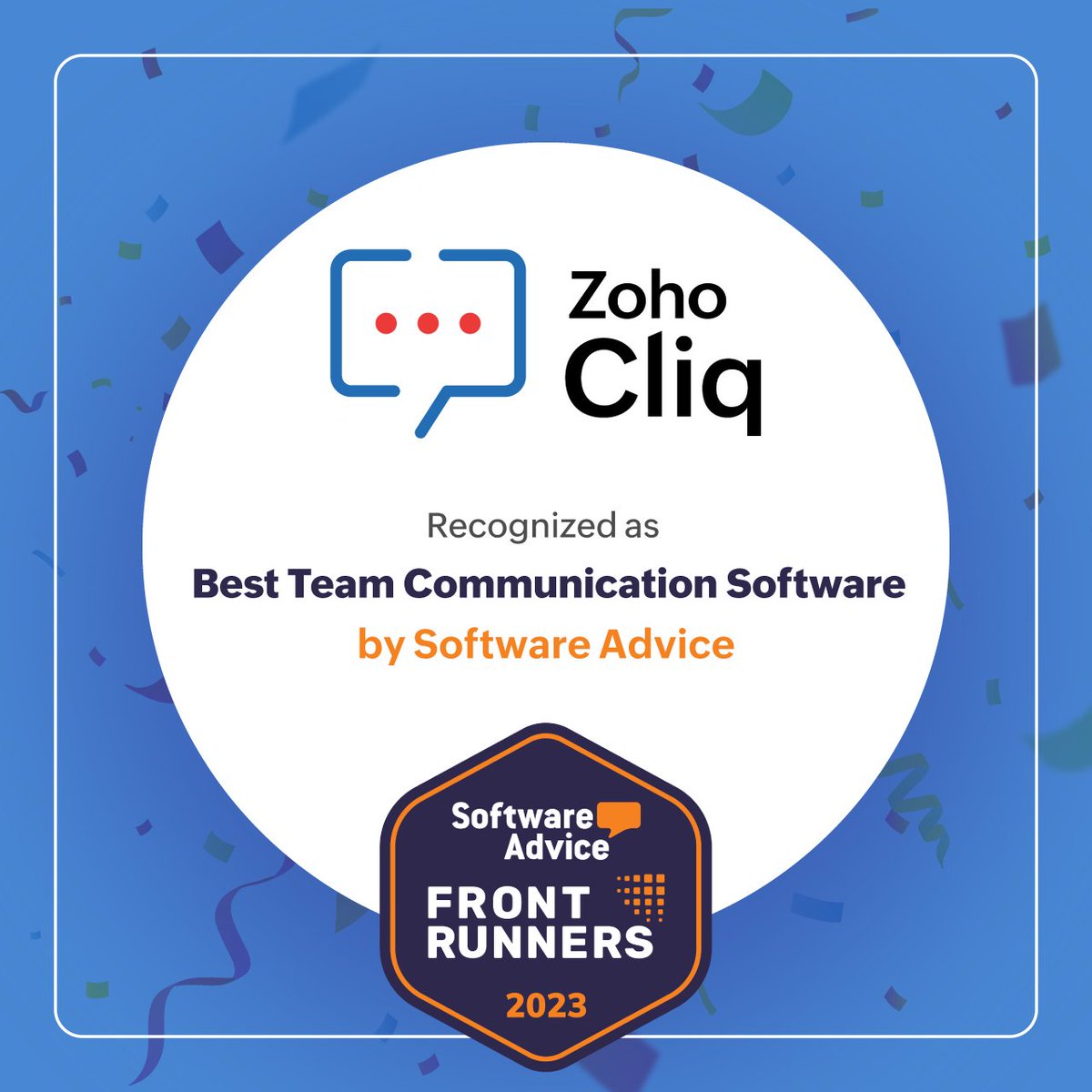 ZohoCliq's tweet photo. We're thrilled to share that Zoho Cliq has been recognized as a Frontrunner by @SoftwareAdvice for its outstanding performance in the Team Communication Software category🚀 We'd like to thank all our amazing users 🙌 and here's to even more innovation and collaboration ahead! 🎉 https://t.co/z4PJ5gjL0W