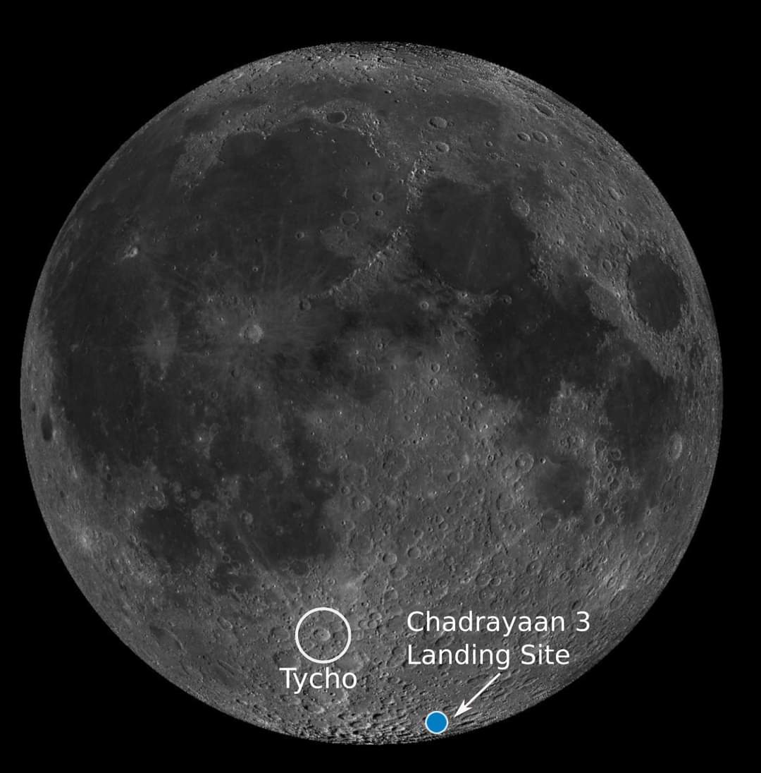 igplucknow's tweet photo. Where the Chandrayaan 3 is expected to Land ? It is a little towards the east and a bit south of the famous Tycho Crater. The Tycho Crater is one of the most prominent feature when the moon is viewed through a telescope.1/2 https://t.co/AGZiv1uLvu