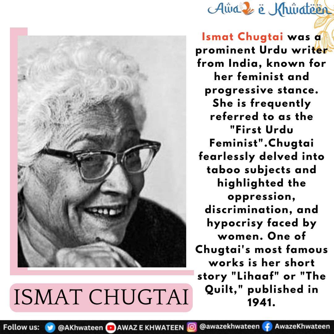 AKhwateen's tweet photo. Remembering the legendary Urdu Poetess #IsmatChugtai
Chugtai's contribution to Urdu literature, particularly in the context of women's rights, cannot be overstated.
#इस्मतचुग़ताई #UrduPoetry #Writer #authors #storywrite #Novel #Literature #Languages #WomenEmpowerment #sisterhood #G20
@RANAND92105699 #AwazeKhwateen