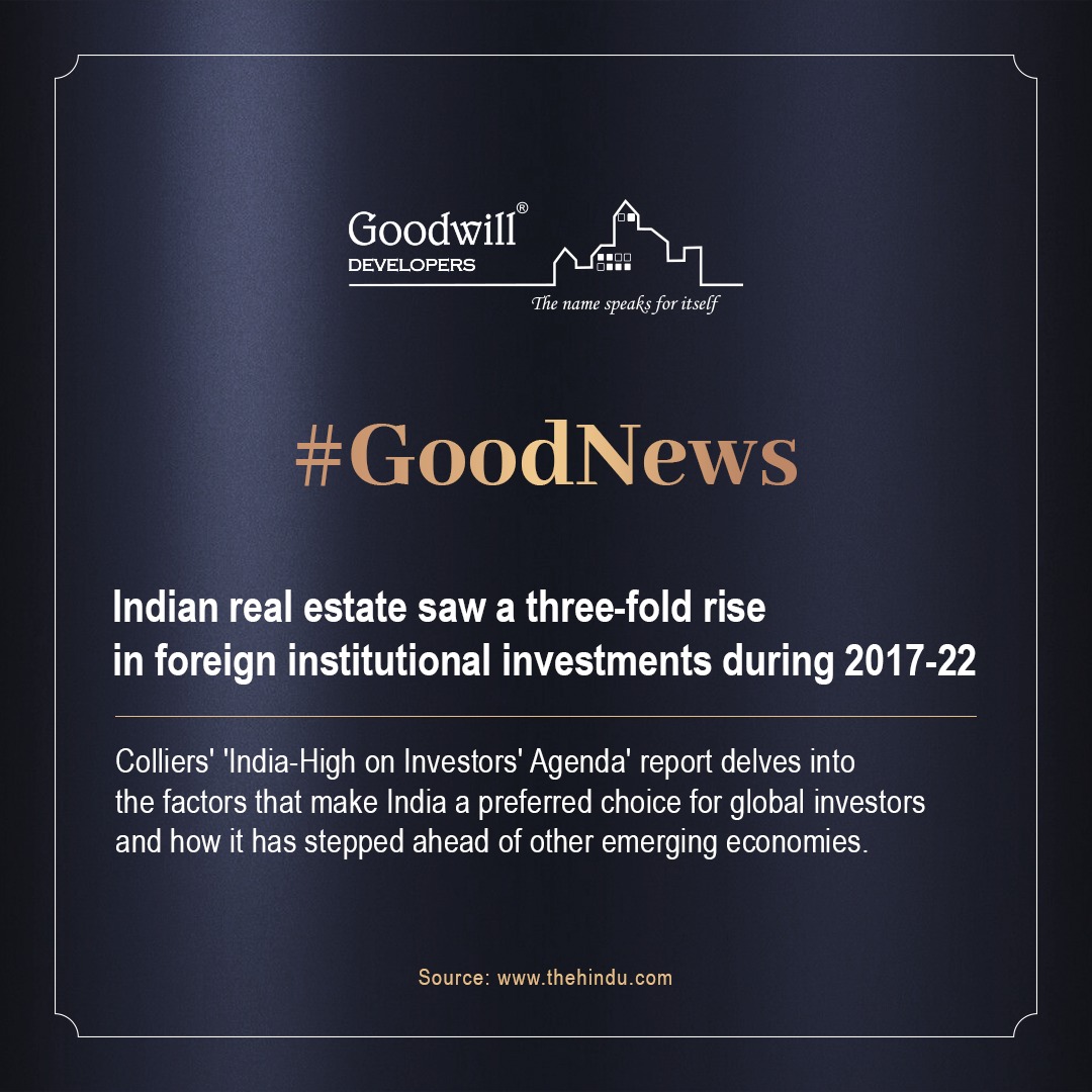 Goodwill_Develo's tweet image. According to the report, foreign investments accounted for a sizeable share of 81% of the total assets in real estate during 2017-22.

Visit : goodwilldevelopers.com 

#goodwilldevelopers #goodwill #goodwillbizhub #goodwillabode #investment #realestate #26yearsofgoodwill