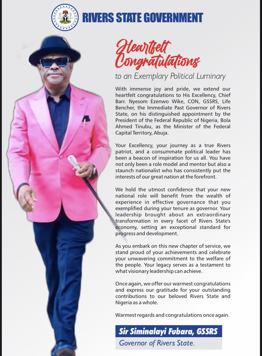 SimFubaraKSC's tweet photo. We are indeed proud of you, and confident that you will certainly give the same measure of commitment which you demonstrated in our dear state to your new assignment as Minister of FCT. 

Congratulations once again. https://t.co/md6HXQmGql