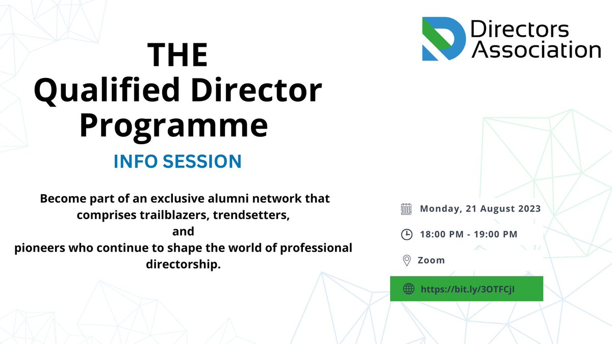 DirectorsAssoc's tweet photo. Qualified Director Programme Info Session
Don’t miss our upcoming info session, where you will discover the power of the Qualified Director Programme.
Date: Monday, 21 August 2023
Time: 18h00 – 19h00
Register on the zoom on: https://t.co/eKIArvBVzH
#QualifiedDirectorProgramme https://t.co/NNennnjVY4