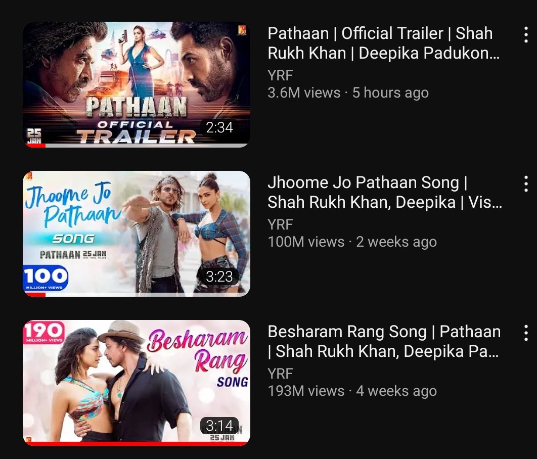 SRKsbot's tweet photo. #Pathaam trailer Day :
#BesharamRang - 200M views
#JhoomeJoPathaan - 100M views
Now #Jawan trailer release is around the corner but #ZindaBanda and #Chaleya are struggling to reach even 60M views on YouTube.
Note : Comparison of only views count not the quality https://t.co/aMYVAfygVJ