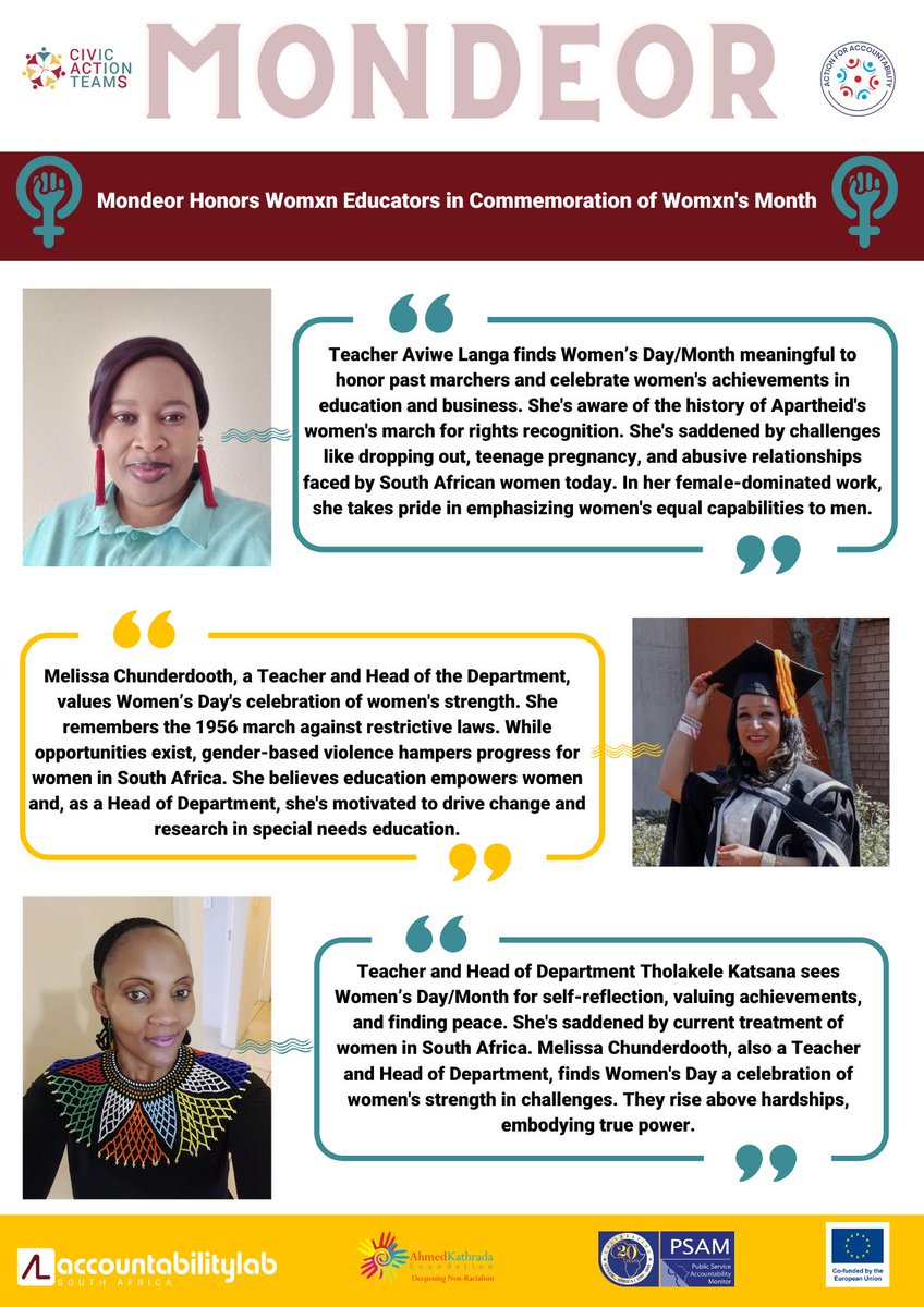 Action4Account's tweet photo. A4A friends! In this ongoing Womxn's Month, our Mondeor team is paying tribute to Womxn Educators. We've asked them to reflect on the meaning of Women's Day/Month. This is part of our #IntegrityIcons campaign, highlighting exceptional public servants who go above and beyond. https://t.co/V6L6zwMDkn