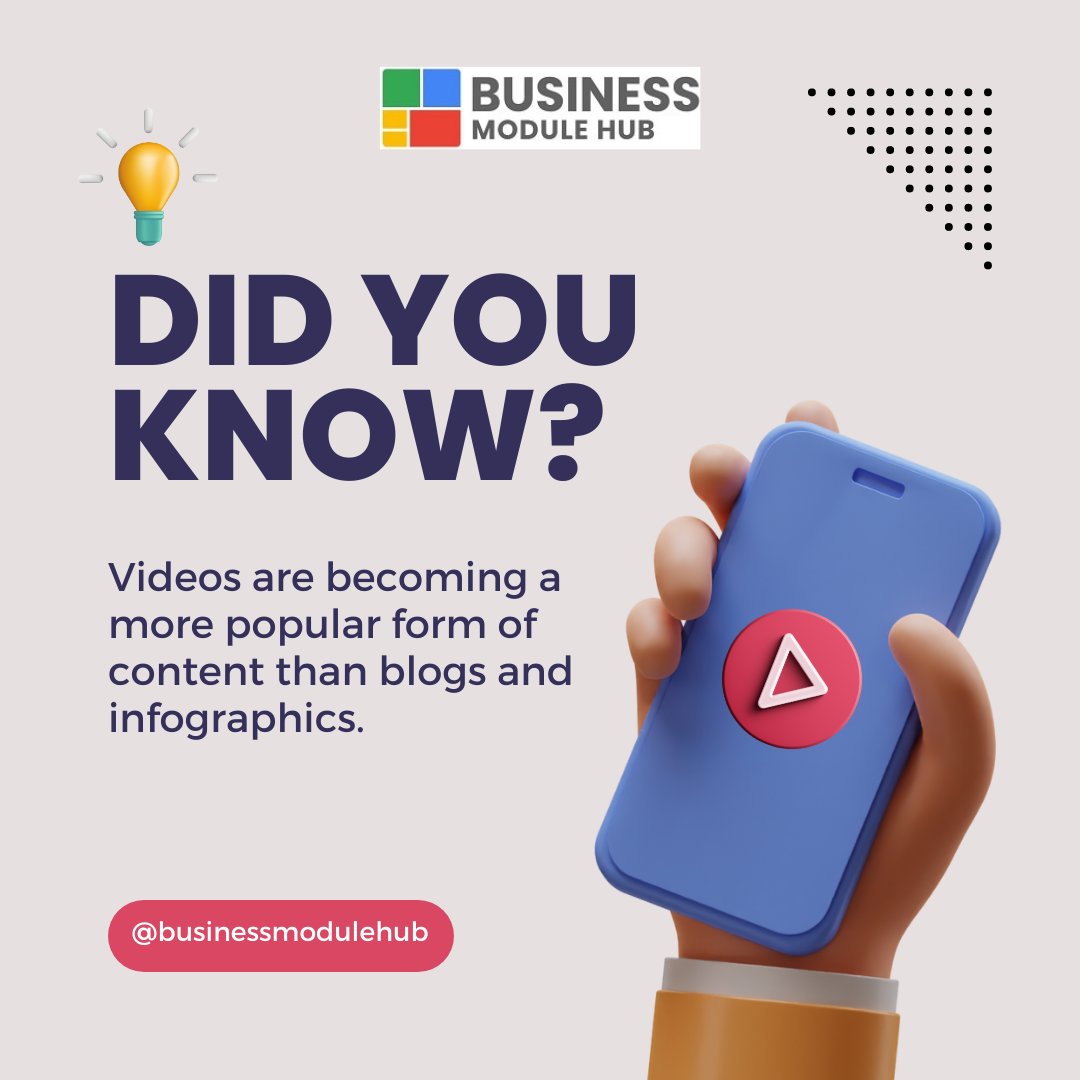 BusinessModule's tweet image. #didyouknowfacts 💡
Videos have become a highly popular and effective way of sharing information, entertainment, and content of all kinds.
Follow Business Hub Media for more useful facts......!!!!!
#DidYouKnowThis #facts #information #algorithm #bmh