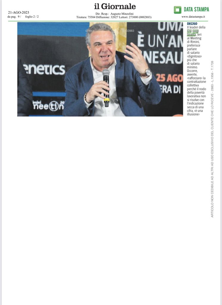 CislNazionale's tweet photo. “Ora giù le tasse sul lavoro e tassare gli extra profitti delle grandi multinazinali”. L’articolo de ‘Il Giornale’ sull’intervento di #LuigiSbarra al #Meeting23 di Rimini https://t.co/9M3V0DIWrn