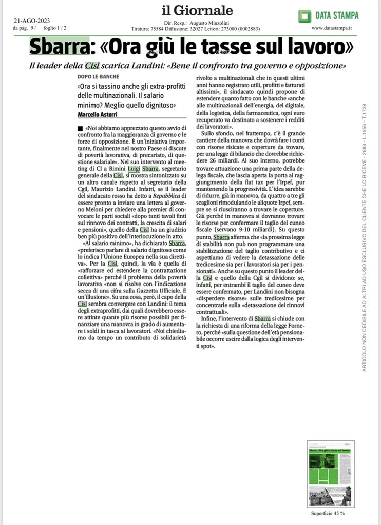 CislNazionale's tweet photo. “Ora giù le tasse sul lavoro e tassare gli extra profitti delle grandi multinazinali”. L’articolo de ‘Il Giornale’ sull’intervento di #LuigiSbarra al #Meeting23 di Rimini https://t.co/9M3V0DIWrn