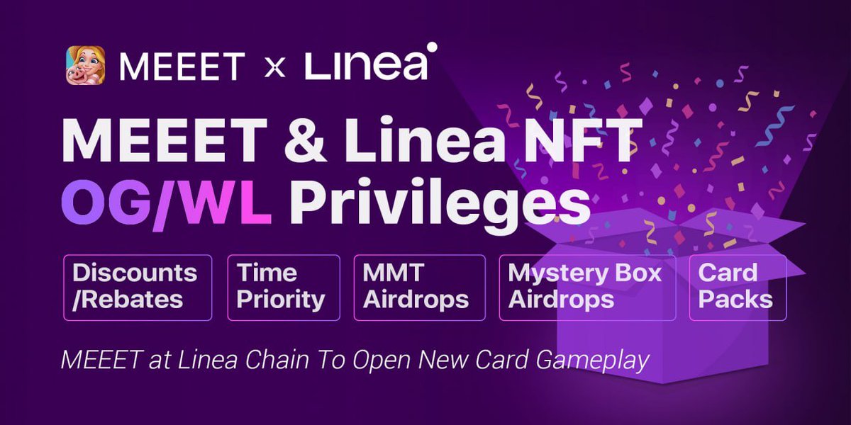 PlayPalOfficial's tweet photo. 📣MEEET Linea - NFT

✅OG or WL Privileges:
Discount/Rebate & Priority Purchase Privilege & MMT Airdrop & Mystery Box Airdrop & Card Gift Pack & More

✅Obtain OG:
1⃣BSC & ARB Genesis Holders Directly Get OG (Waiting for Snapshots)
2⃣Those members who helped MEEET build Linea chain

✅Get WL:
1⃣Community and product events
2⃣Those members who helped MEEET build Linea chain

🔥MEEET will launch a new card gameplay on Linea Chain🔥
#Linea #GameFi #P2E #P2EGame #meeet