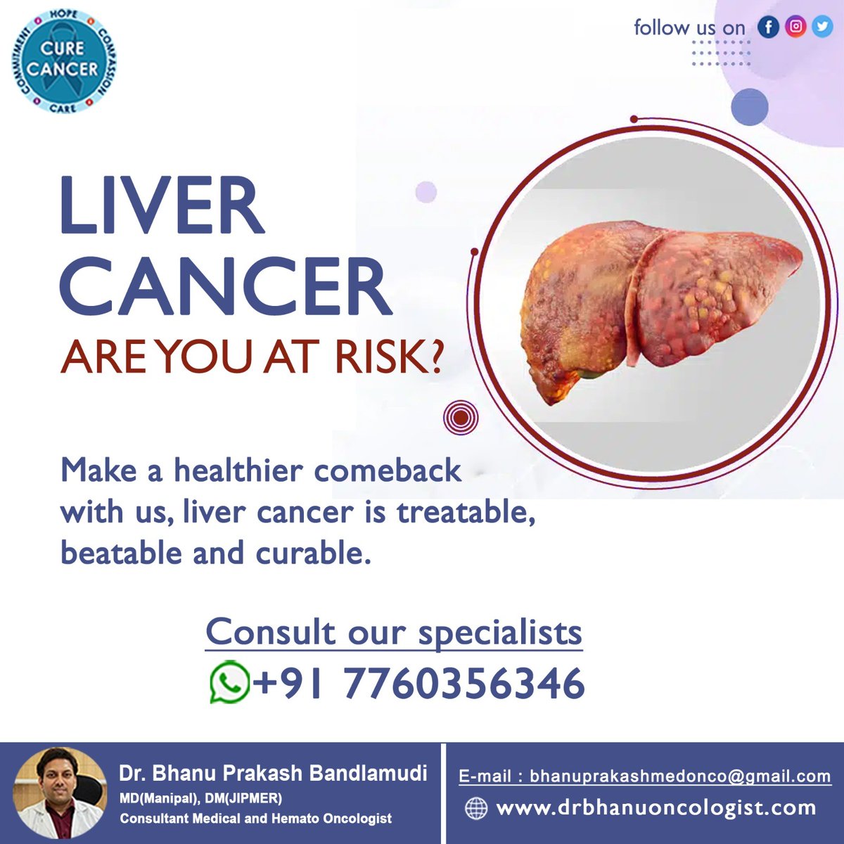 Bhanuoncology's tweet image. Are You At Risk Of Liver Cancer?
Make a Healthier comeback with us .It is #treatable,#beatable and #curable.

Dr. Bhanu Prakash Bandlamudi
Hemato Oncologist
Yashoda Hospital 

#DrBhanuprakash #BestOncologist #hematologist #cancer #CancerSpecialist #CancerDoctor
