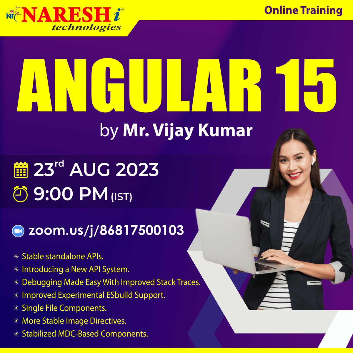 SuendraNIT's tweet image. ✍️Enroll Now: bit.ly/47EUFVK
👉Attend Free Online Demo On Angular 15 by Mr. Vijay Kumar
📆Demo On: 23rd August @ 09:00 PM (IST)
For More Details:
Visit: nareshit.com/new-batches-hy…

#Angular15 #webdevelopment #learning #onlinetraining #education #software