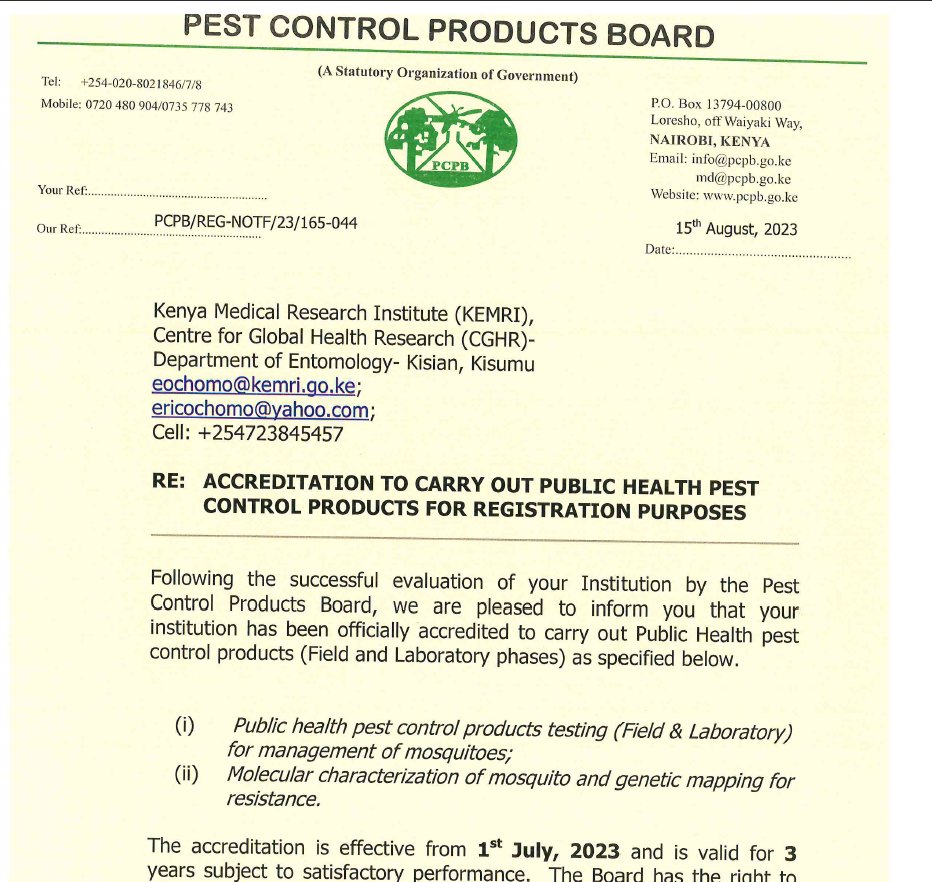 Our Entomology department at the KEMRI-CGHR is now accredited to carry out public health pest product evaluations by the Pest Control Products Board in Kenya. We have experimental huts, semi-field sites, insectaries to support your evaluations! Next GLP! @KEMRI_Kenya @Abongoben