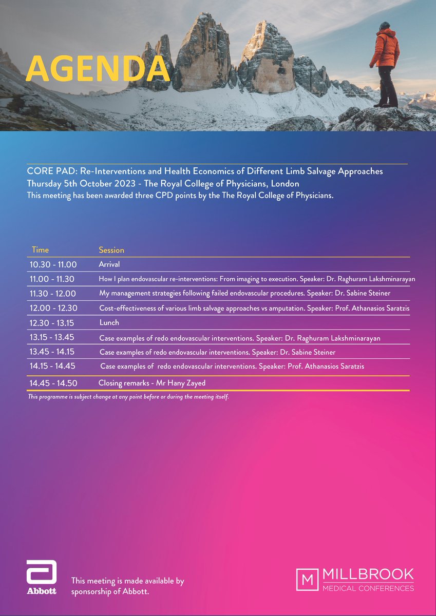 MillbrookMed's tweet photo. #COREPAD: Re-Interventions & Health Economics of Different Limb Salvage Approaches is 6 weeks away!
Reasons to attend include
⭐All-star faculty
✅CPD credits available
🚅Std travel costs reimbursed
💰Free to attend
Register now: https://t.co/TVV1vM1SSa https://t.co/EvD1paYDLc