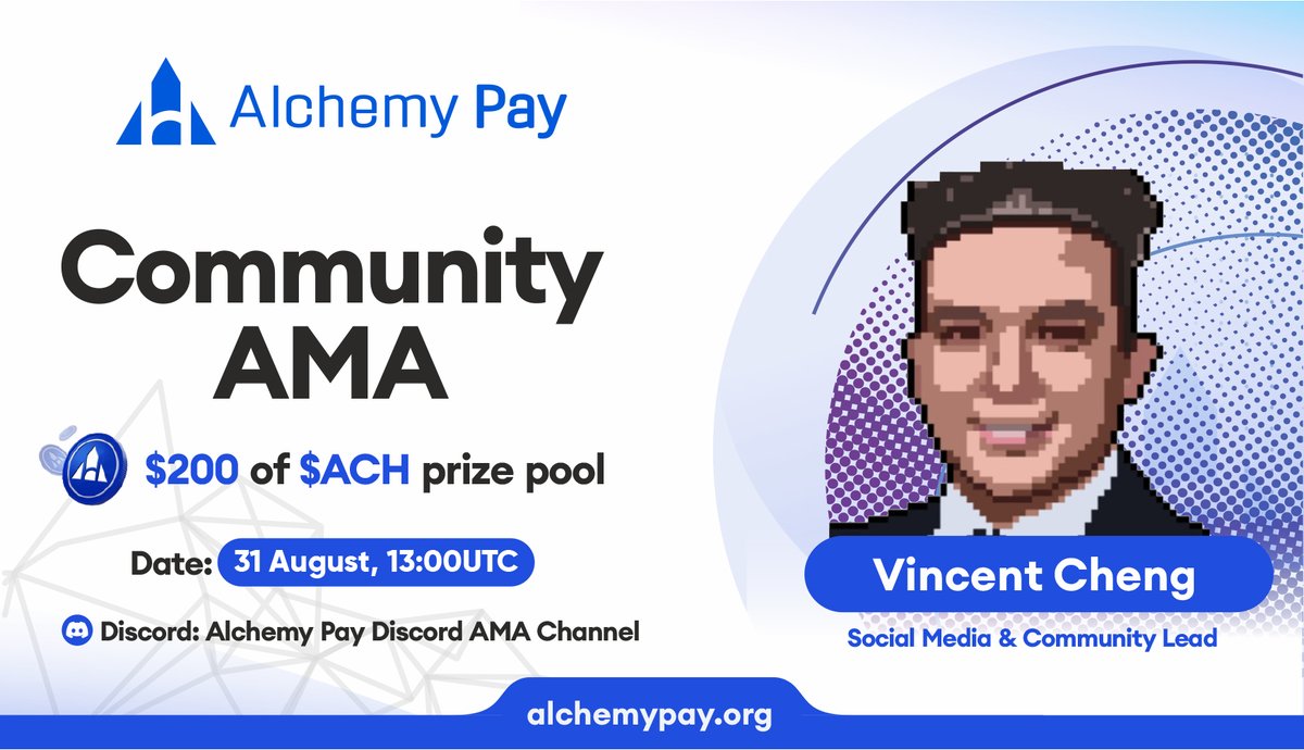 AlchemyPay's tweet photo. 📢Community #AMA on August 31st! Win a share of $200 in $ACH for 10 best questions under this tweet!
1⃣Follow @AlchemyPay 
2⃣RT, Like &amp; Tag 3  friends
3⃣Leave your questions below 
Discord: https://t.co/M74BzCa9ng
#AlchemyPay #Airdrop #Giveaways #AskMeAnything
#Web3 #Crypto https://t.co/dvTKwzmGrG