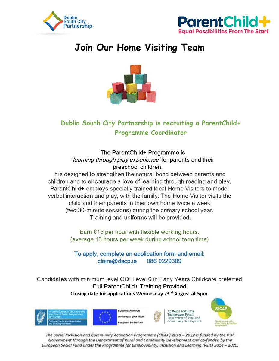 WGRC_D12's tweet photo. Dublin South City Partnership are recruiting for a position on their Home Visiting Team.
If you want more information or an application form, please email claire@dscp.ie https://t.co/3aFb9u3y2v