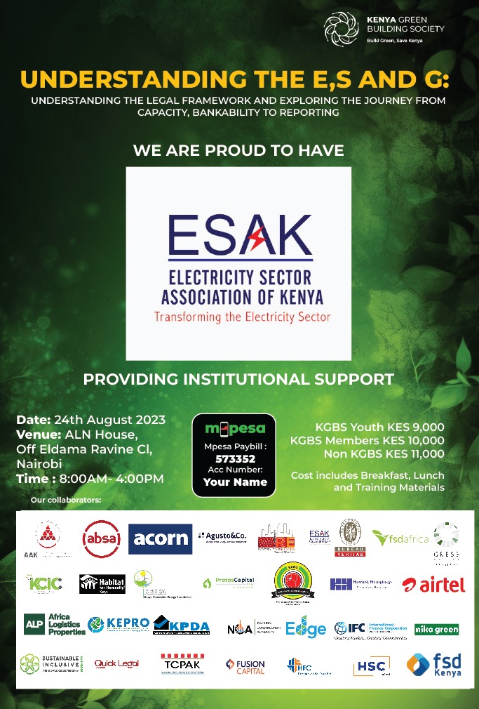 Join the conversation on 𝐔𝐧𝐝𝐞𝐫𝐬𝐭𝐚𝐧𝐝𝐢𝐧𝐠 𝐭𝐡𝐞 𝐄, 𝐒, 𝐚𝐧𝐝 𝐆, 𝐭𝐡𝐞 𝐥𝐞𝐠𝐚𝐥 𝐟𝐫𝐚𝐦𝐞𝐰𝐨𝐫𝐤, 𝐚𝐧𝐝 𝐭𝐡𝐞 𝐣𝐨𝐮𝐫𝐧𝐞𝐲 𝐟𝐫𝐨𝐦 𝐜𝐚𝐩𝐚𝐜𝐢𝐭𝐲 𝐭𝐨 𝐛𝐚𝐧𝐤𝐚𝐛𝐢𝐥𝐢𝐭𝐲 𝐭𝐨 𝐫𝐞𝐩𝐨𝐫𝐭𝐢𝐧𝐠 by <a href="/OfficialKGBS/">Kenya Green Building Society</a> 
Register here: lnkd.in/dsb6z58h