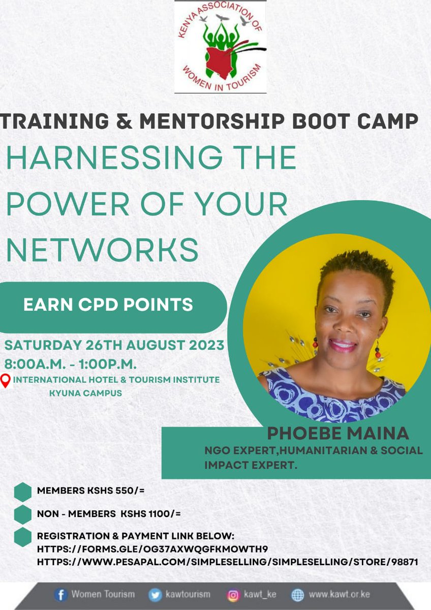 KAWTourism's tweet photo. We have heard this phrase a couple of times "Your network is your net worth" but most don't know how to translate this and make it work for them. Join us this Saturday 26th August and lets learn from Phoebe Maina. Register https://t.co/wdQXnmIr2r…
#WomenInTourism https://t.co/K7edV4bcNp