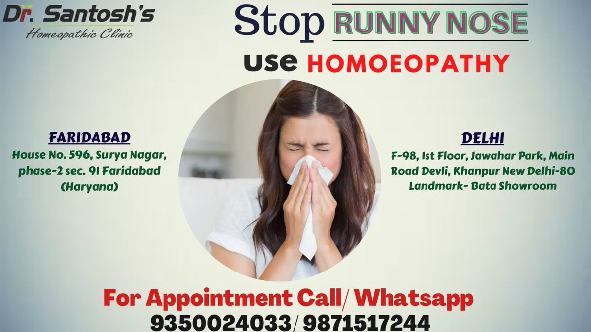 Excess drainage, ranging from a clear fluid to thick mucus, from the nose and nasal passages.

#StopRunnyNose #ColdRemedies #NasalCongestion #ClearYourNose #BreatheEasy #RunnyNoseRelief #BlockedNose #SinusRelief #SeasonalAllergies 

For Appointment call us-9350024033/9871517244