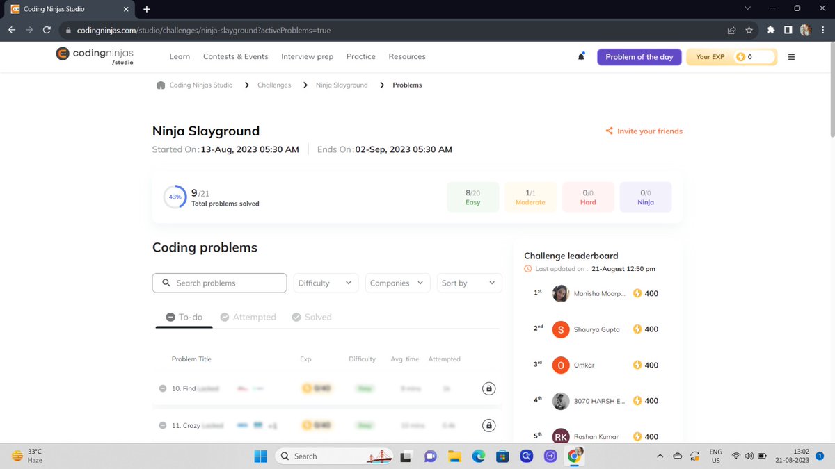 Vaishna83279101's tweet photo. Day 9 Challenge completed of NINJA SLAYGROUND.
#NinjaSlayground #CodingNinjaStudio
@CodingNinjasOff
@drinkslaycoffee https://t.co/BfRwym6fyF