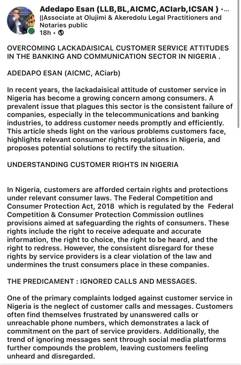 ESANesq's tweet photo. OVERCOMING LACKADAISICAL CUSTOMER SERVICE ATTITUDES IN THE BANKING AND COMMUNICATION SECTOR IN NIGERIA .

ADEDAPO ESAN (AICMC, ACiarb)

https://t.co/SyEbPO1Hvv https://t.co/7s7a5ggADR