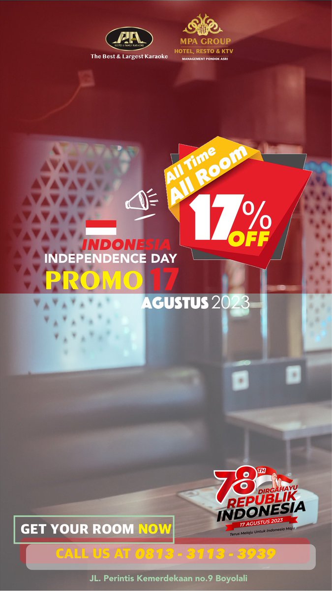 Hai PA Lovers
Selama bulan agustus kita ada promo DISKON 17% ya
All Time All Room

Yukk hiasi hari-hari kamu hanya di PA Resto &amp; Family karaoke

The Best &amp; Largest Karaoke in Boyolali 
More reservation : 
☎️ (0276) 3280117
📲 081331133939