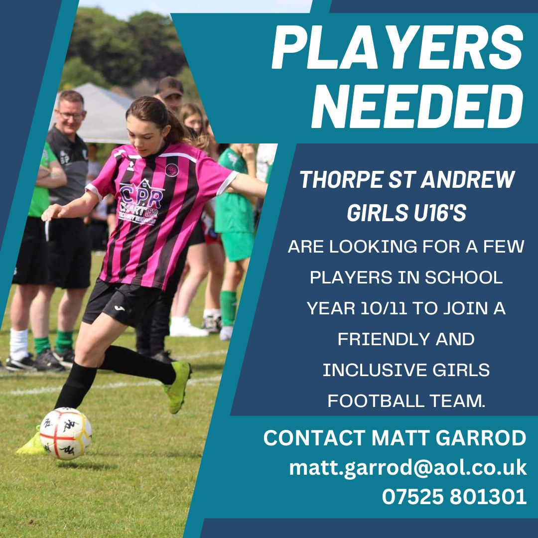Please Share...
<a href="/NorfolkCountyFA/">Norfolk County FA</a> <a href="/TSAFCYouth/">Thorpe St Andrew Football Club – Youth</a> <a href="/TSAFC_WG/">Thorpe St Andrew Football Club – Women & Girls</a> <a href="/BlofieldLadies/">Blofield United Ladies</a> @fc_sprowston <a href="/SprowstonPE/">Sprowston PE</a> <a href="/CostesseySports/">Costessey Sports</a> <a href="/girls_u13/">Sprowston Girls U14’s 2021/22 season</a> <a href="/Thorpe_PE/">Thorpe St Andrew PE</a> <a href="/NorfolkFootball/">Norfolk Football ⚽️</a> <a href="/theFDCopen/">The FDC Open</a> <a href="/burevalleyyfc/">Bure Valley YFC</a> <a href="/WymondhamWomen/">Wymondham Women</a>