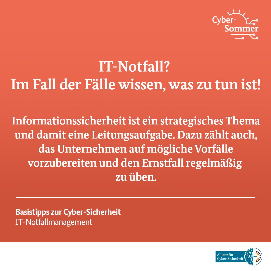 CyberAllianz's tweet photo. Kennen Sie die Meldewege in Ihrem Unternehmen? Werden Sie aktiv, bevor es zum IT-Vorfall kommt. Gestalten Sie Ihren Einstieg ins #Notfallmanagement ganz einfach mit  dem @BSI_Bund Onepager für KMU: 👉 https://t.co/KSDAP1fssv
 #CyberSommer https://t.co/tEtXFXFhMu