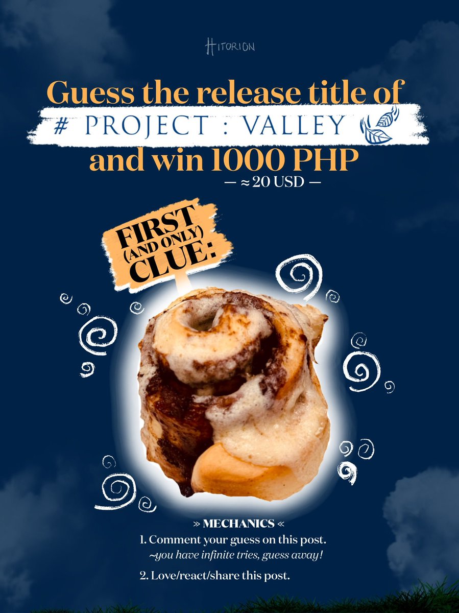 HITORlON's tweet photo. The game is LIVE • guess the release title of #ProjectValley🍃 and win 1000 PHP (≈ 20 USD)

𝐅𝐈𝐑𝐒𝐓 (𝐀𝐍𝐃 𝐎𝐍𝐋𝐘) 𝐂𝐋𝐔𝐄:
*𝘈 𝘣𝘢𝘥𝘭𝘺-𝘦𝘥𝘪𝘵𝘦𝘥 𝘤𝘪𝘯𝘯𝘢𝘮𝘰𝘯 𝘳𝘰𝘭𝘭*

Yep, this is the one and only clue for this release 😂🥐

#Hitorion https://t.co/cppRDseHrJ