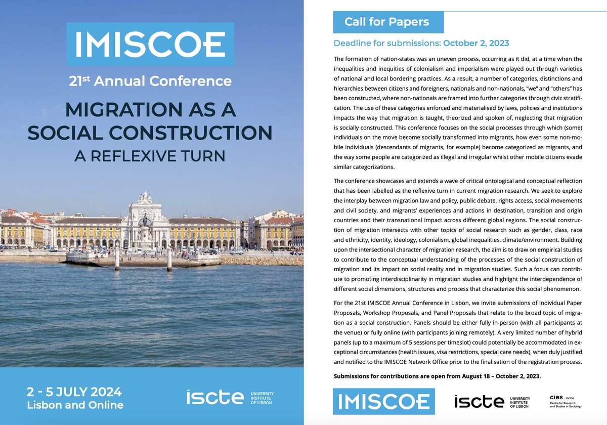 📣Delighted to announce the Call for Proposals for the 21st @IMISCOE Annual Conference organised by @CIES_Iscte 🗓️2-5 July 2024 📍Lisbon & 🖥️online ⏰Deadline for paper, panel & workshop proposals: 2 October 2023 ✅See more details here: imiscoe.org/events/imiscoe…