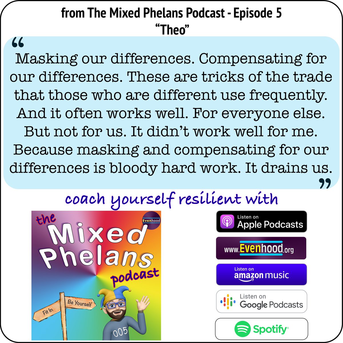 Coach yourself resilient #Resilient #Wellbeing #BeYourself #Evenhood #MentalHealth podcasts.apple.com/gb/podcast/mix…