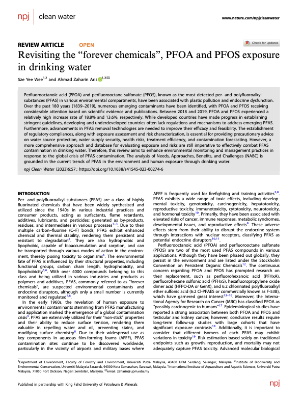 ZaharinAris's tweet photo. Exciting news! Our latest research on the "forever chemicals," PFOA &amp; PFOS, explores their impact in drinking water. 🚰 Find out more in our newly published paper in npj Clean Water. 🌎🌱

📖 Read it here: https://t.co/6E3xXJ0lU4

#npjCleanWater #PFOA #PFOS #ForeverChemicals https://t.co/BMR9c3ZqMl