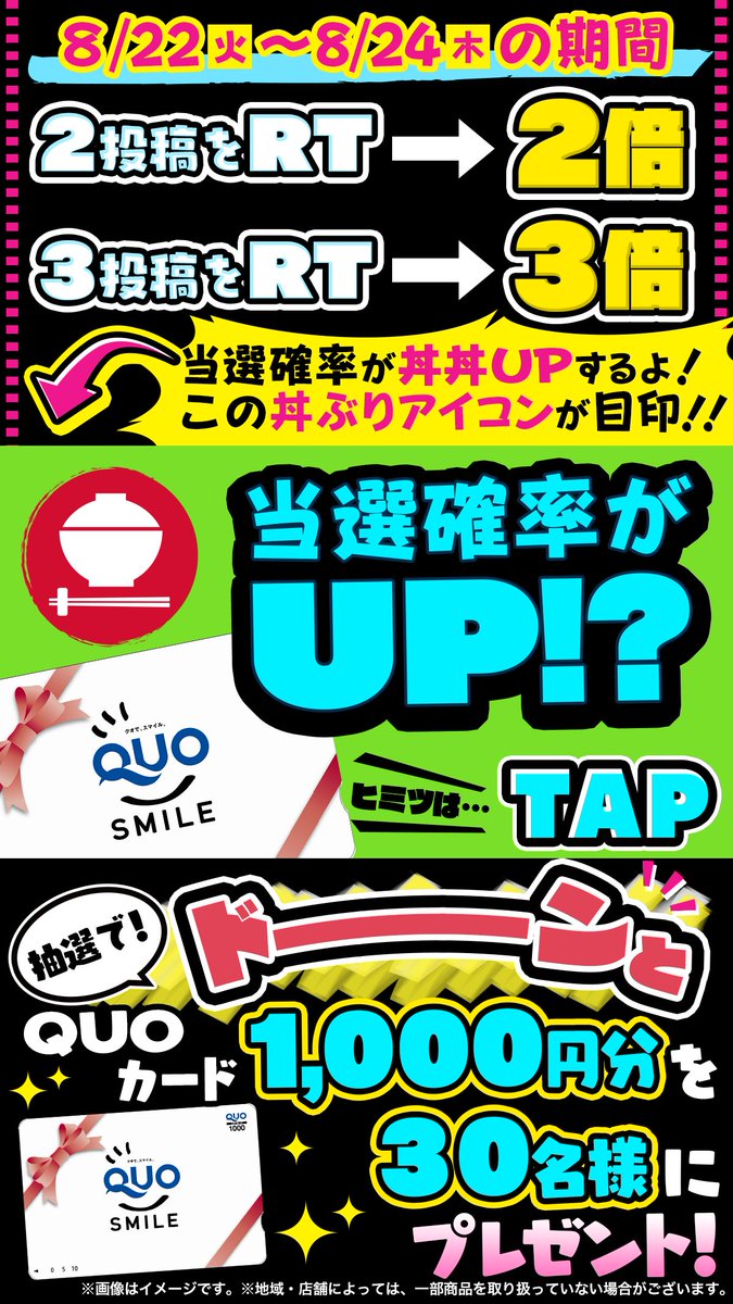 famima_now's tweet photo. /／
🗣 QUOカードが”ドーーーーン”と当たる🍚🔥
\＼

#RTで確率丼丼UP
フォロー＆RTキャンペーン！

🍀参加方法🍀
1⃣@famima_nowをフォロー
2⃣8/22(火)～8/24(木)に投稿される
　 丼ぶりマークのツイートをRT！

#ファミマのめちゃうま丼

当選確率UPのヒミツは画像をTAP👇👇

https://t.co/PKYaFkN0Wq https://t.co/NXkigSrO7A