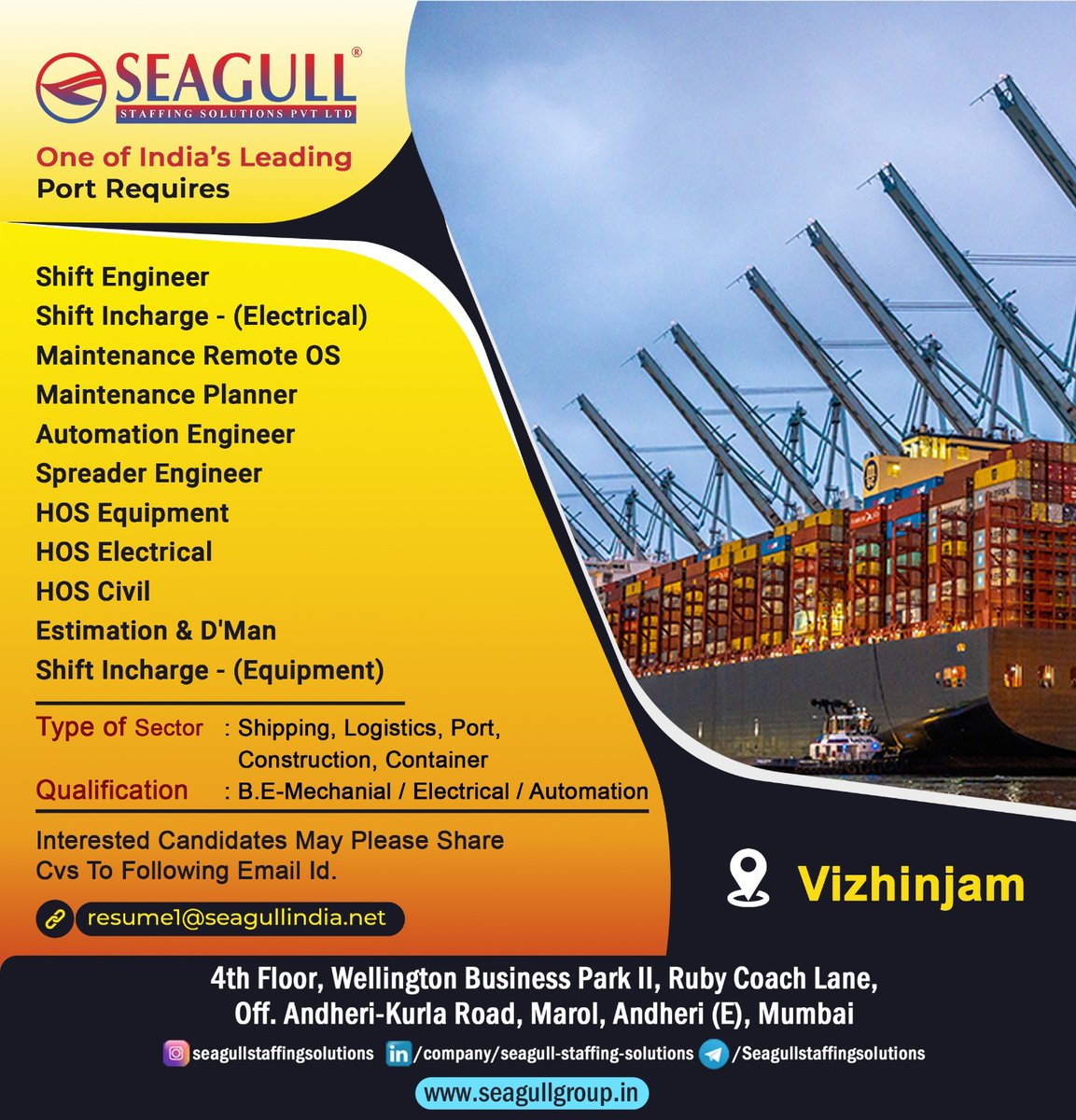 VIZHINJAM JOB OPENING 2023
Interested candidate share Cv on Below mentioned details.
sunil.more@seagullindia.net
#portjob #portmanagment #portandlogistic #qcjobs #qcengineer #qcelectrical #qcmechanical #qchydraulic #automationsystems #helper #CRMG #freejobs #freeadvertising