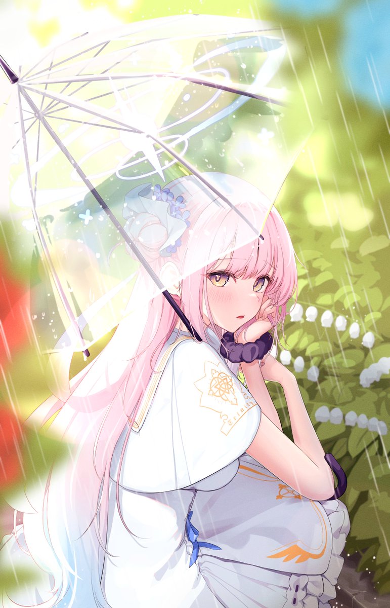 mika (blue archive) 1girl wrist scrunchie pink hair solo long hair scrunchie umbrella  illustration images