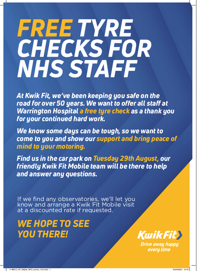 WHHPeople's tweet photo. Done lots of travelling over the bank holiday weekend? Don't forget that Kwik Fit will be onsite on Tuesday at Warrington Hospital providing free tyre checks for WHH Staff! 
They will be parked outside of Estates/Catering and will also be covering the multi-stories! 🚗 https://t.co/91dty4ZuQJ
