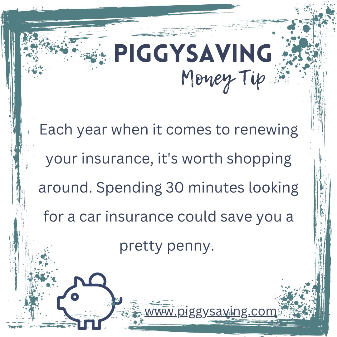 piggysaving's tweet image. Each year when it comes to renewing your insurance, it's worth shopping around.  Spending 30 minutes looking for a car insurance could save you a pretty penny. #shoparound #personalfinances #moneytips