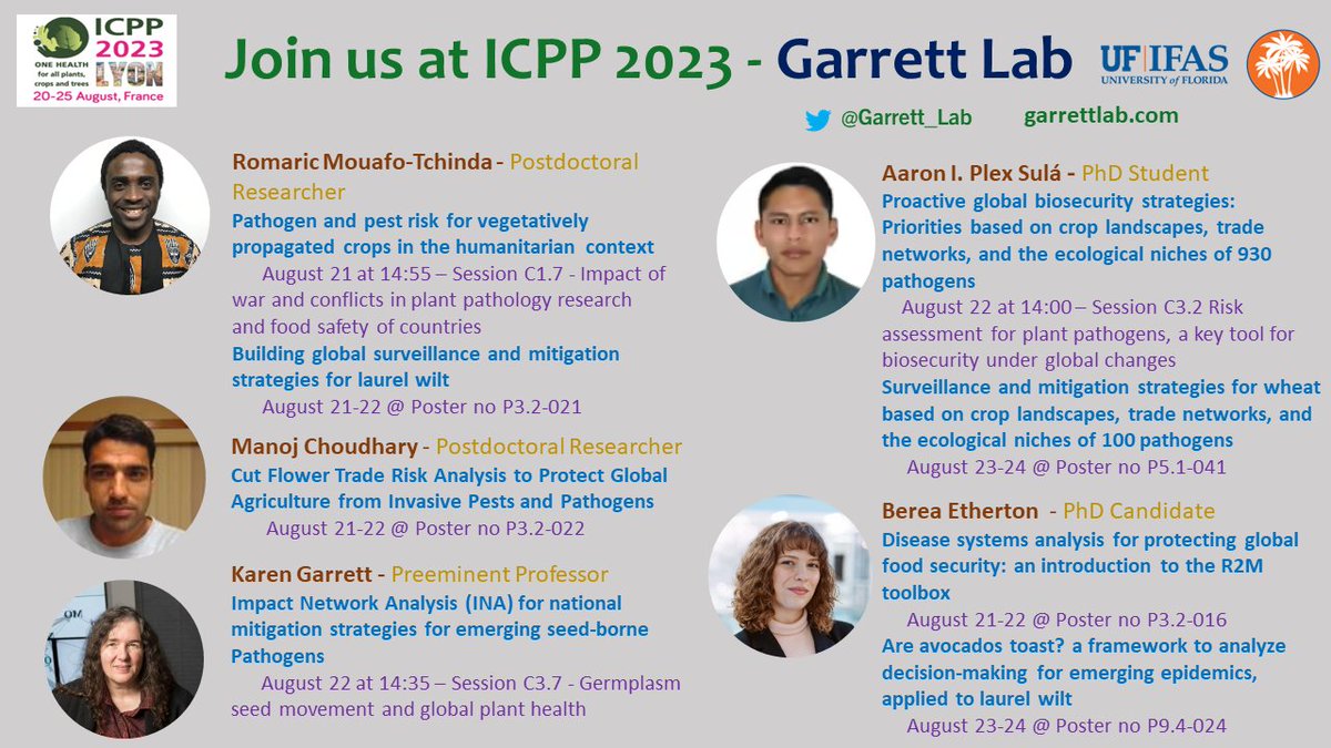 Join us at #ICPP2023 - learn about the latest work of
@Berea_Etherton  <a href="/PlexAaron/">Aaron Plex</a> <a href="/Choudhary_Patho/">Manoj Choudhary</a>  <a href="/mouafo_romaric/">Romaric A. Mouafo-Tchinda</a> 
🥑🌹🥔🍠🍌🍞🍅
<a href="/UFPlantPath/">UF/IFAS Plant Pathology Department</a> @GFSI_UF_IFAS <a href="/UF_EPI/">Emerging Pathogens Institute</a>