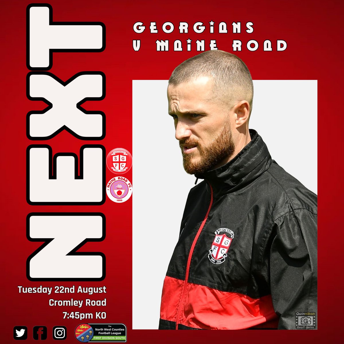 After a great win at the weekend, #Georgians are at home again on Tuesday night against <a href="/MaineRoadFC/">Maine Road FC</a> 

Let’s get a big crowd in to support the boys and the club ⚽️⚽️⚽️

📆 Tuesday, 22 August
📍 Cromley Road, SK2 7DT
⏰ 7.45pm kick-off
💳 £5 adults, £2.50 concessions
