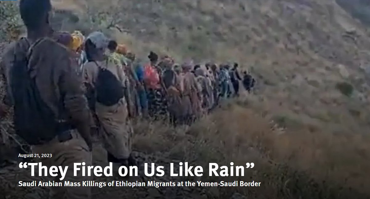 ClaFrancavilla's tweet photo. "Which limb do you want me to shoot?"

Shocking report by @hrw exposes #Saudi authorities' horrendous, sadistic abuses against #migrants crossing from the #Yemen border

*At least* hundreds killed since 2022, in what may constitute crimes against humanity: https://t.co/qpUCA4cYY8 https://t.co/yvJPZ02Rwe
