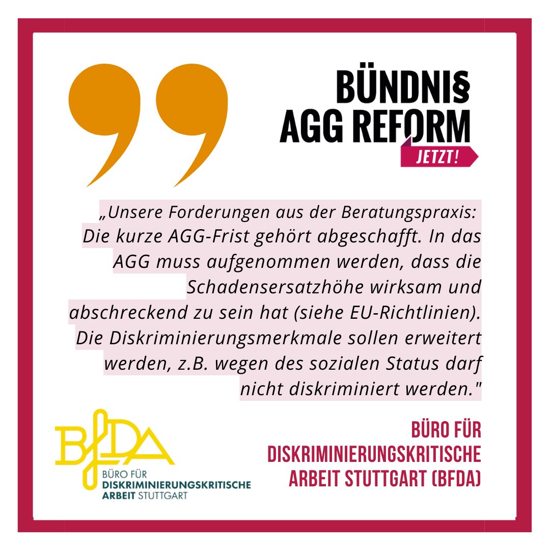 Heute erklären uns Vera Egenberger vom @BUG, der Bundeszuwanderungs- und Integrationsrat @BZI_eV und das Büro für Diskriminierungskritische Arbeit Stuttgart, warum es dringend eine umfassende #AGGReform braucht.
#institutionalracism #Antidiskriminierung #sozialerStatus