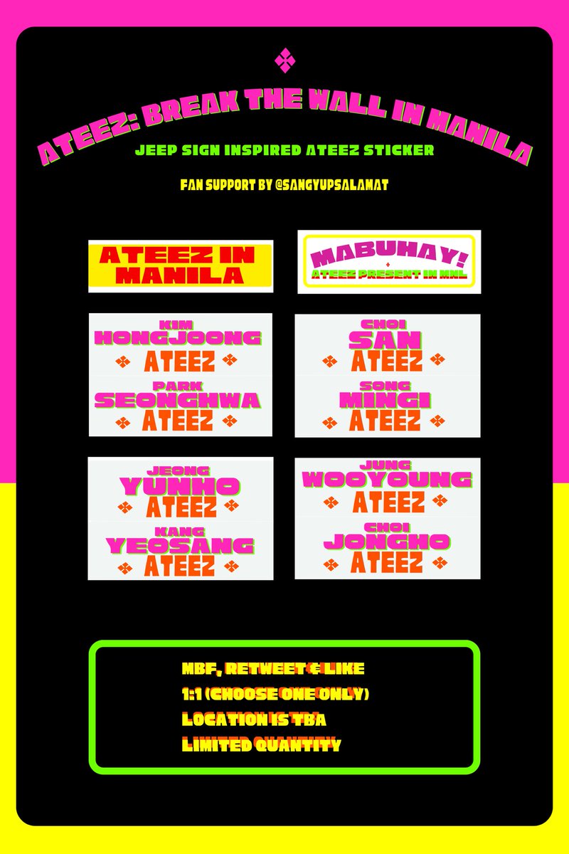 ATEEZ THE FELLOWSHIP: BREAK THE WALL in Manila - Byaneng Cubao kasama ang Ateez at Atiny ♡ 

☆ like &amp; rt
☆ show proof on d-day
☆ open for trades and donation

#Break_The_Wall_MNL #FilotinyFreebies #TheFellowship #ATEEZ #에이티즈
