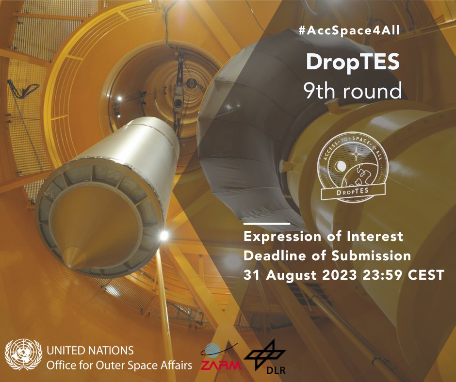 📢REMINDER! Apply to conduct microgravity experiments with #DropTES! Submit your Expression of Interest for a technical consultation with @ZARM_de & #UNOOSA to get feedback on your proposal. Deadline⏰31 August For more details: bit.ly/3CFt9KV #AccSpace4All