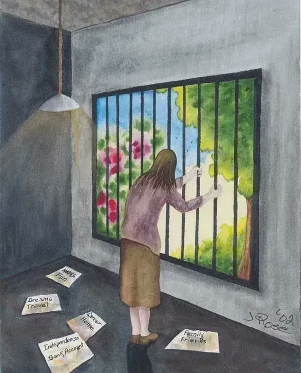 “It represents the isolation &amp; imprisonment those of us with #ChronicPain &amp; illness feel. We see and hear what the outside world is offering but we’re tied to our homes &amp; diseases.” Living With #ChronicIllness &amp; Pain—by Judith Mary Rose buff.ly/3DKK65S #artists #painart