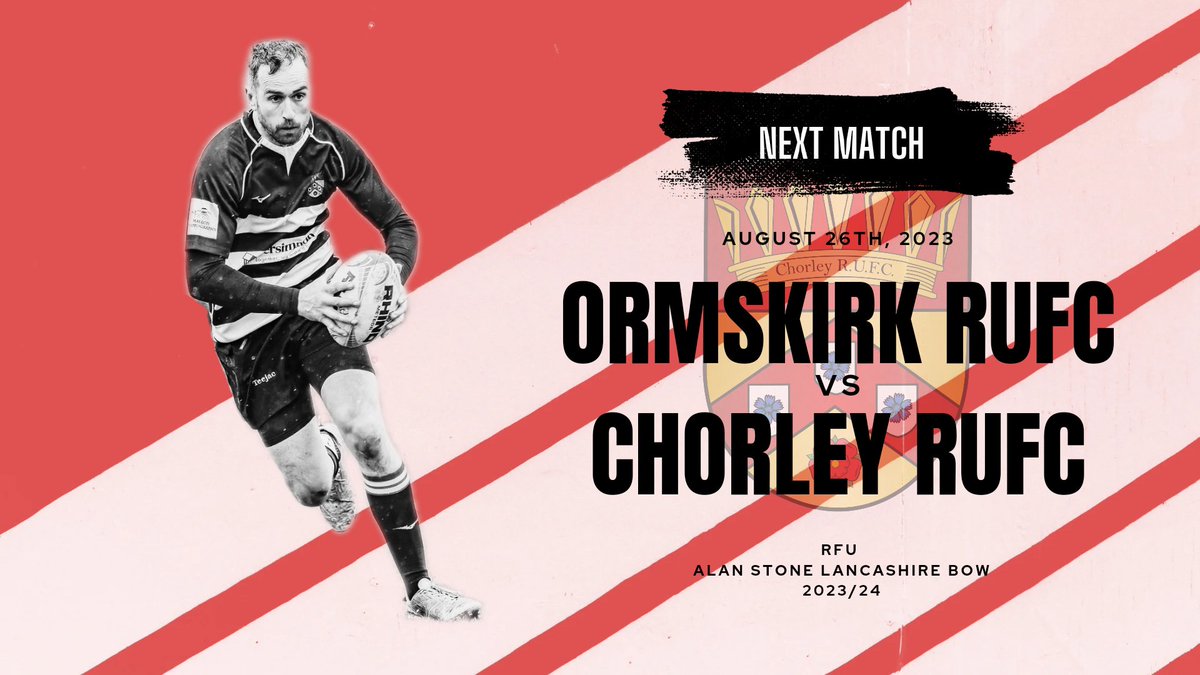🏉Game week!
Chorley RUFC travel to Ormskirk Rugby Club for the first round of the Alan Stone Lancashire Bowl 2023 – 2024 this Saturday 26th August!
📍  Green Lane, Ormskirk L39 1ND
🕒  3pm Kick Off